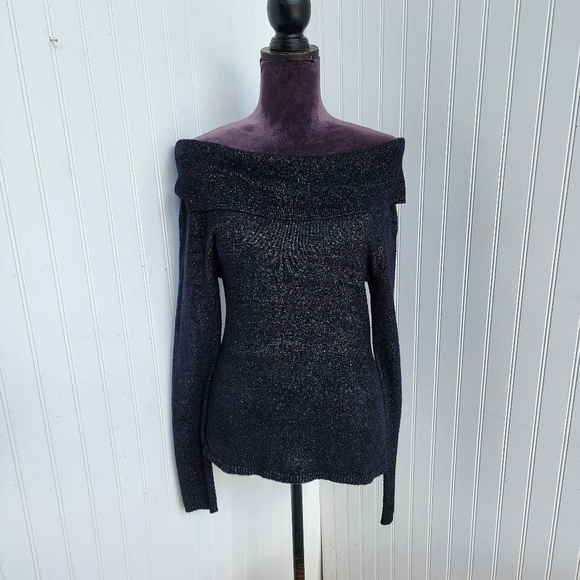CACHE Womens NAVY GOLD OFF THE SHOULDER SOFT TUNIC TOP SWEATER Nylon Stretch M - Picture 1 of 12